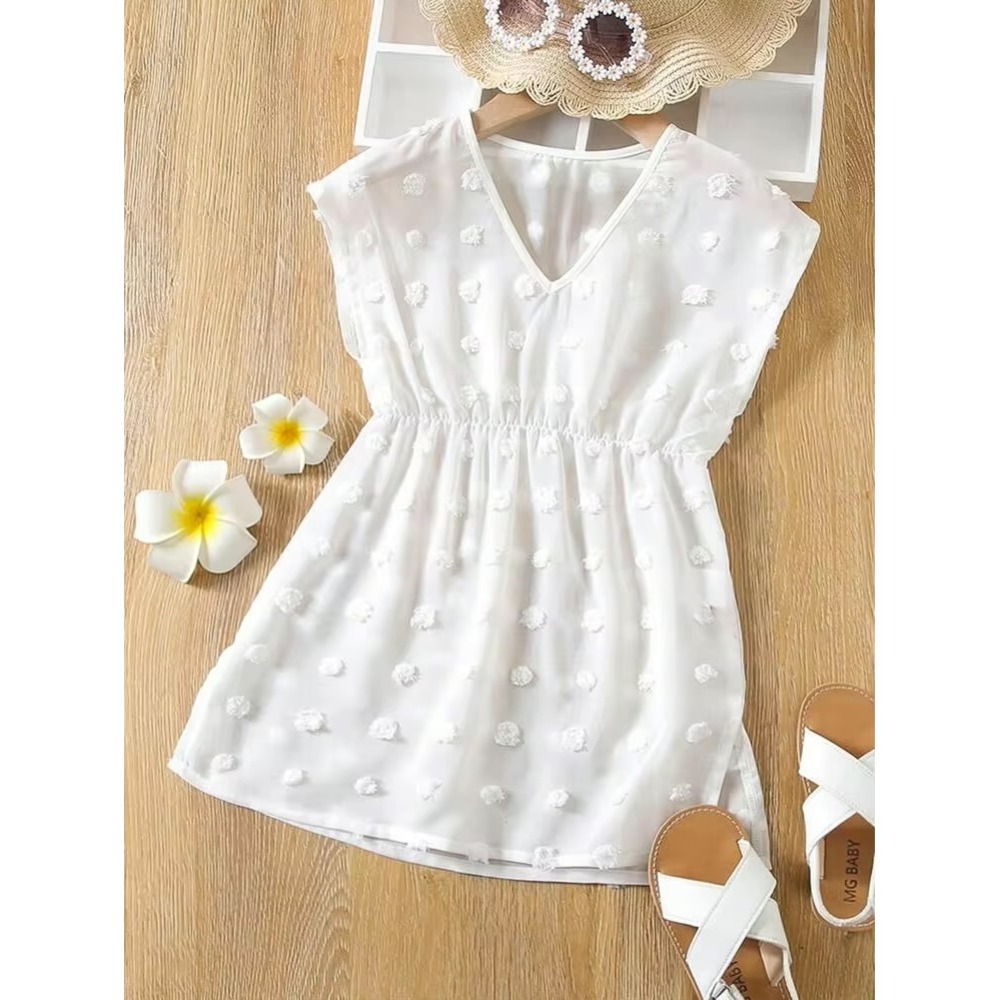 White Swiss Dot Pom Pom Beach Cover Up Tunic Dress Kids V-Neck